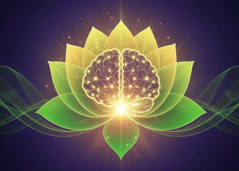 Brain in lotus with energy waves — symbolizing holistic healing of stress, anxiety, and depression.